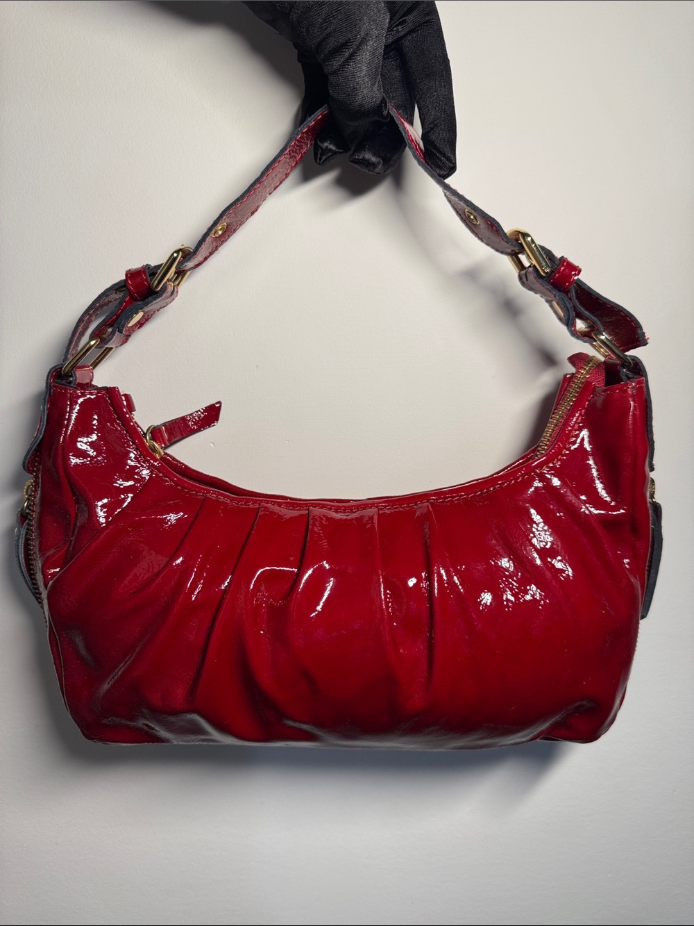 Patent Red Pleated Shoulder Bag - Stylish Women's Handbag